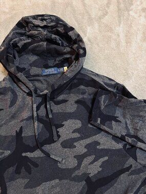 Polo Ralph Lauren Camo Hoodie XL T‑Shirt Weight Cotton Pullover Gray Black Pony